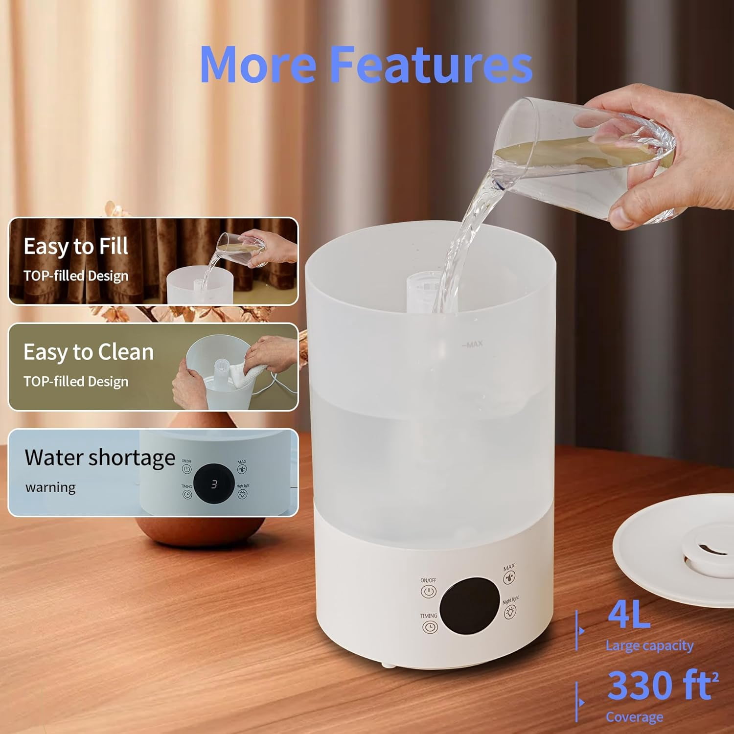Top Fill Humidifiers for Bedroom, 4.0L Tank Cool Mist Humidifiers for Large Room, 40H Runtime, Plants with 9H Timer, Auto Shut-Off,Quiet Ultrasonic Humidifier with 360° Nozzle for Baby Nursery