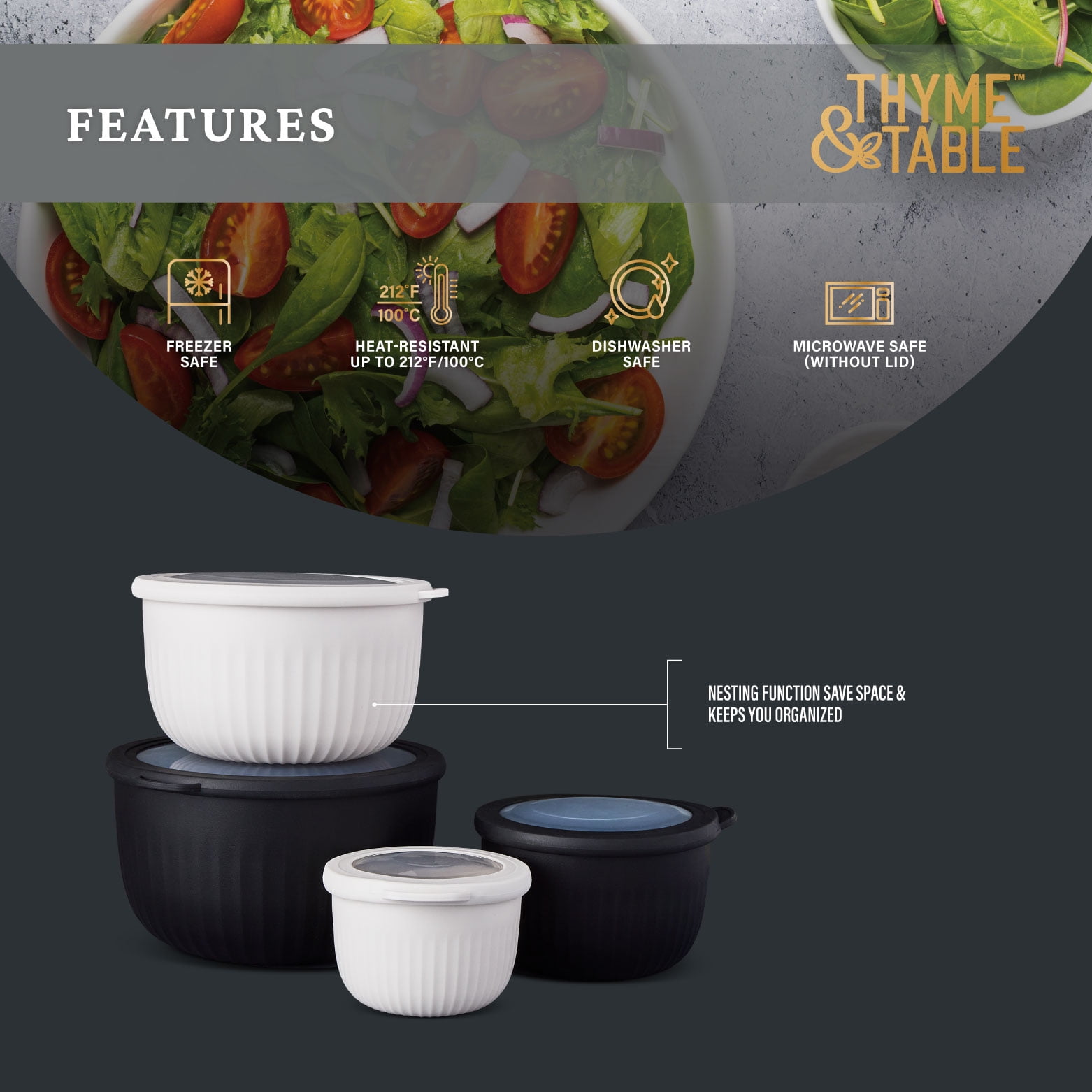Thyme & Table 8-Piece Nesting Mixing Bowl Set, Black and Cream