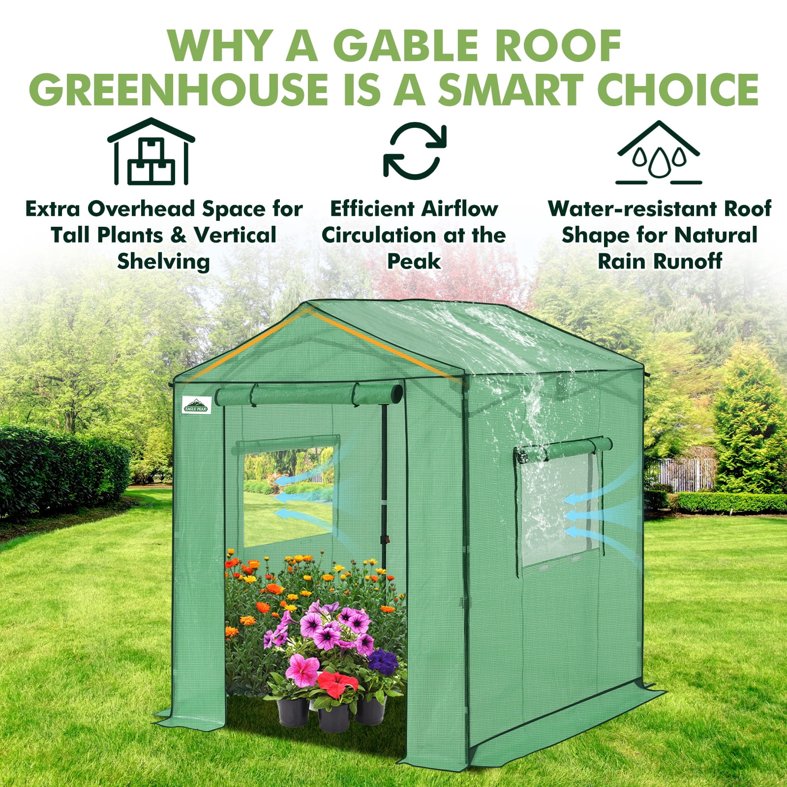 EAGLE PEAK 6x6 FT Portable Walk-in Greenhouse, Pop up Outdoor Green House with Power Access Openings, Green