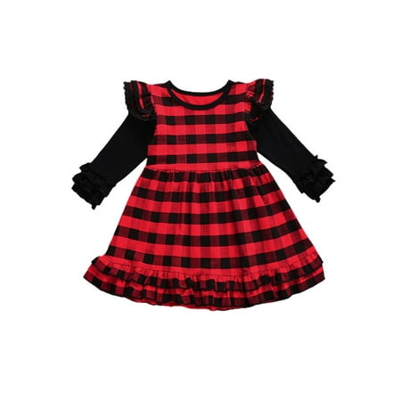 

Suanret Baby Girls Christmas Dress Long Sleeve Plaid Ruffle Dress Xmas Dress