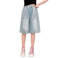 thumbnail image 2 of Mercatoo Tween Girls 𝐁ermuda Denim Shorts Elastic Waist 𝐃rawstring Ripped Jean Shorts Casual Wide Leg Baggy Summer Jorts with Pocket, 2 of 6