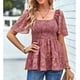 thumbnail image 3 of Camiseta de manga corta con estampado de flores para mujer, dobladillo con volantes, busto fruncido elástico, camiseta de verano, rosa, blanco, 3 of 6