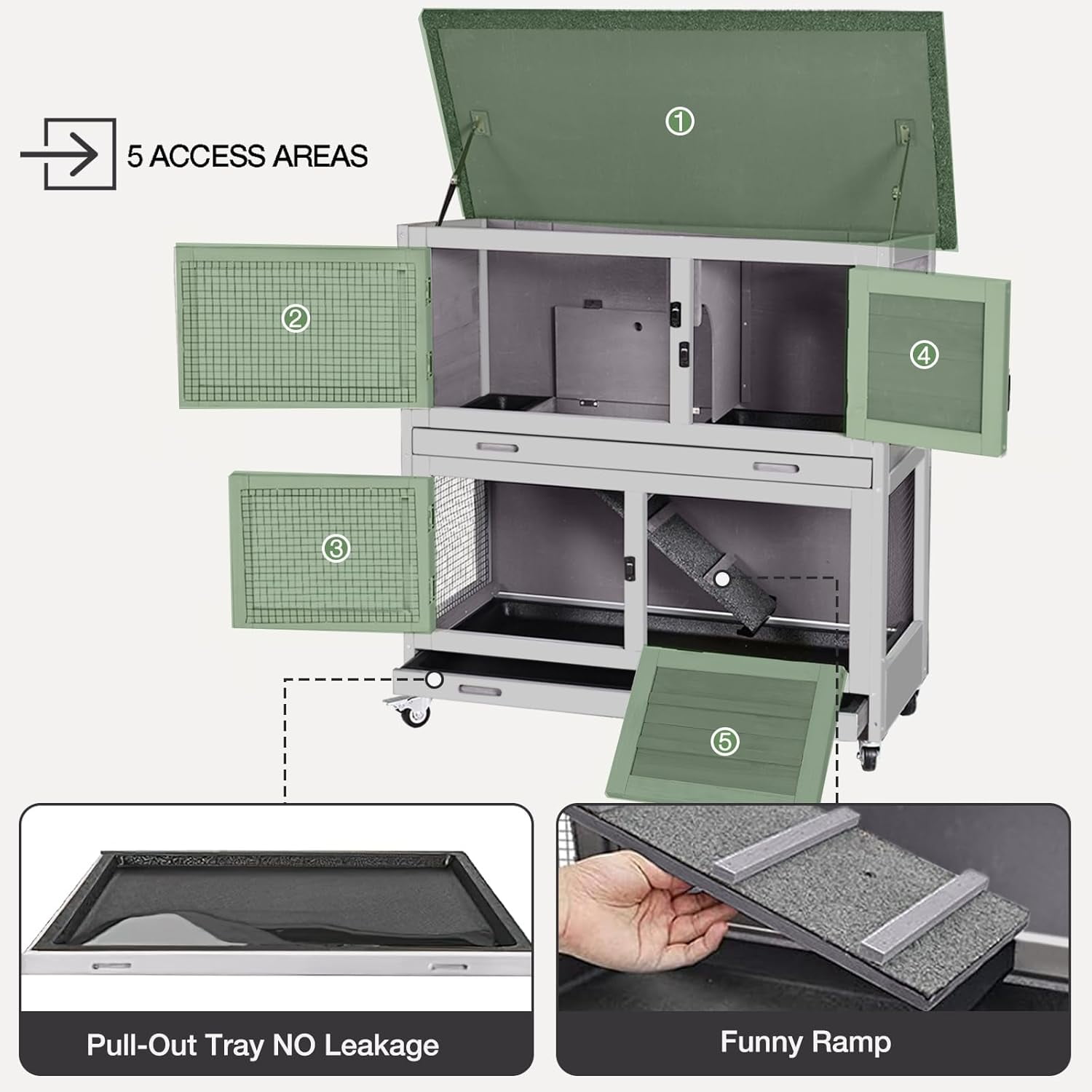 Rabbit Hutch Indoor with Trap Door Rabbit Cage with 4 Casters Bunny cage 2 Story & 2 Trays Guinea Pig Cage 36 inchs