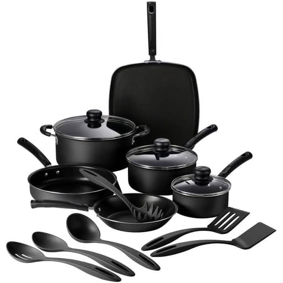 Tramontina Primaware Batterie de Cuisine Antiadhésive de 15 Pcs avec Couvercles et Ensemble de Couverts, Ensemble de Casseroles et Poêles en Aluminium Antiadhésif pour la Maison et la Cuisine (Tempête)