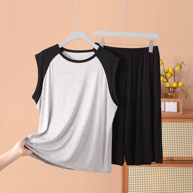 ylioge Mens Big & Tall Pajamas Sets XL-5X Plus Size Soft Modal Sleepwear Sleeveless Tank Tops Shorts Color-Block Loungewear Set with Pockets