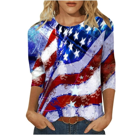 Dagegui Lightning Deals Of Today Prime Independence Day Tshirts for Women 3/4 Sleeve Bleached T Shirts Vintage Distressed Tops USA Flag Patriotic American Flag Tops M