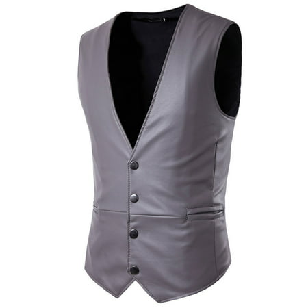 Men Sleeveless Solid Color Slim Leather Vest (Leather Jacket Best Color)