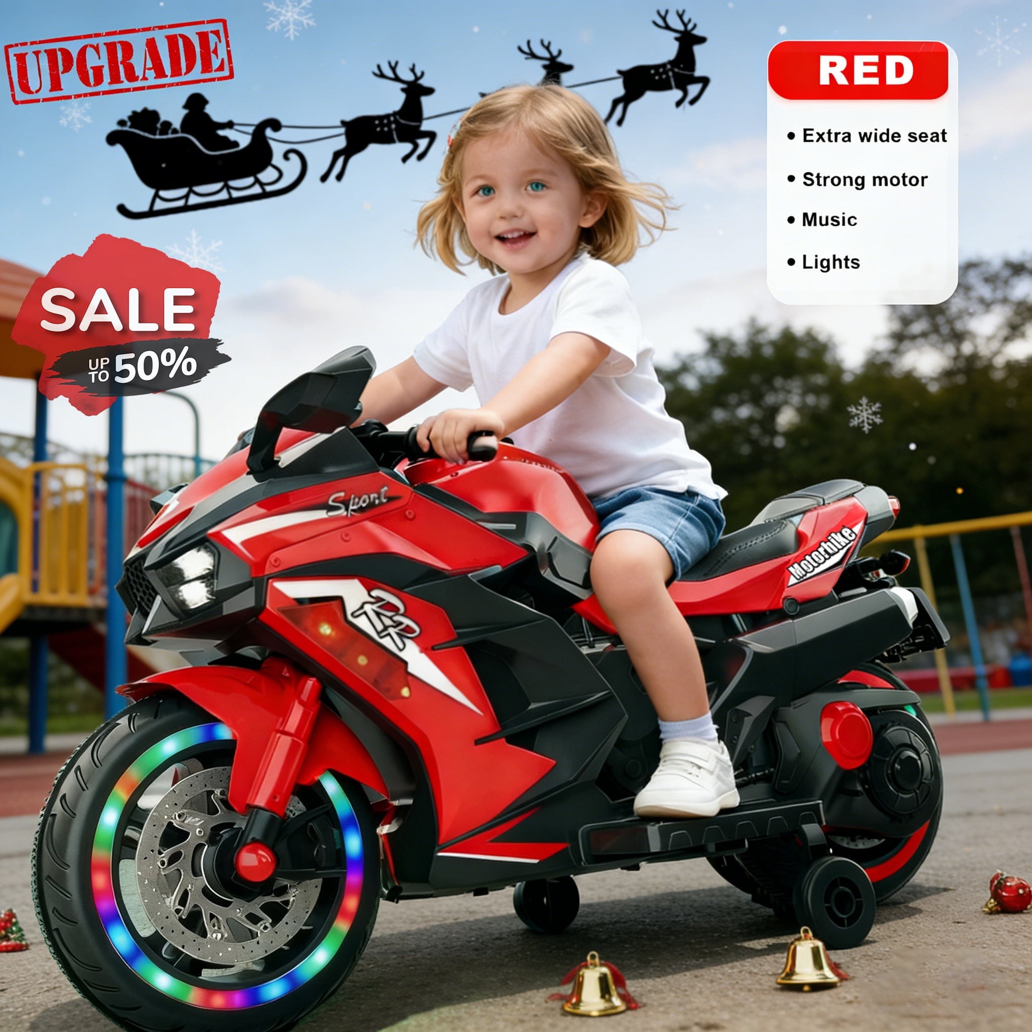 TaTee 12V Kids Electric Motorcycle, Battery Powered Ride-On Toy with Training Wheels for Boys & Girls Ages 3-6, Bluetooth Music & LED Lights, Red