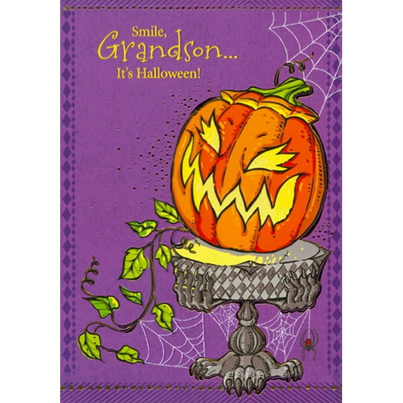 Designer Greetings Pumpkin and Scary Pedestal on Purple Halloween Card for Teen : Teenager Grandson