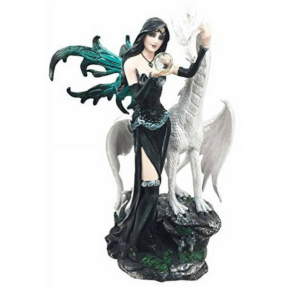 Gothic Pearl Visionary Fairy Strolling With Solar Viserion Dragon Pet Figurine Decor Sculpture