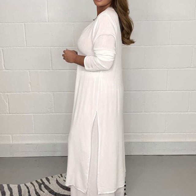 Trajes De 2 Piezas Para Mujer, Conjunto De Pantalones De Manga Larga, Conjunto De Pantalones De Pierna Ancha Y Cuello En V De Color Sólido Con Dobladillo Dividido