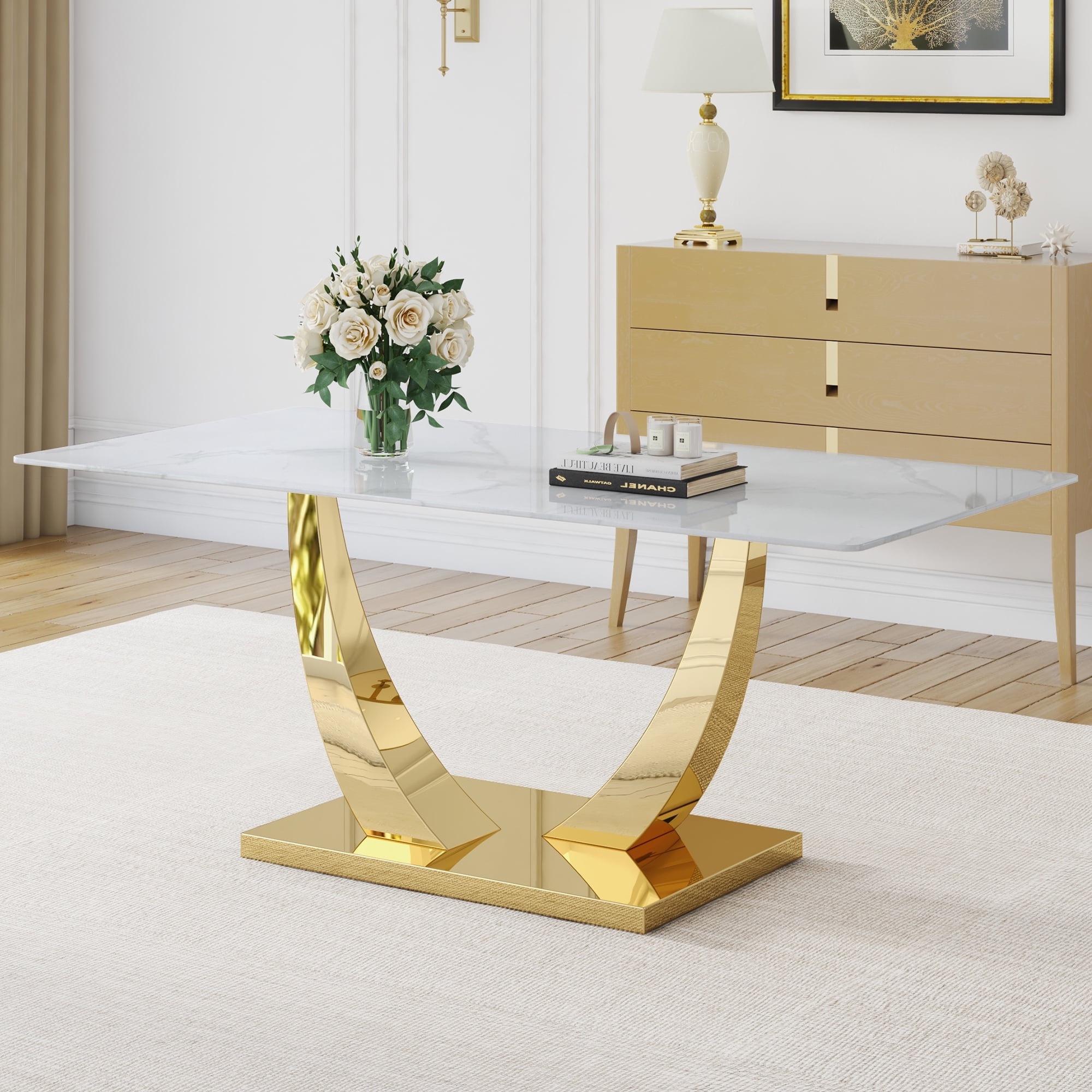 TesNus 71" Rectangular Dining Table, White Faux Marble Glass Top with Gold U Shaped Metal Base for Dining Room
