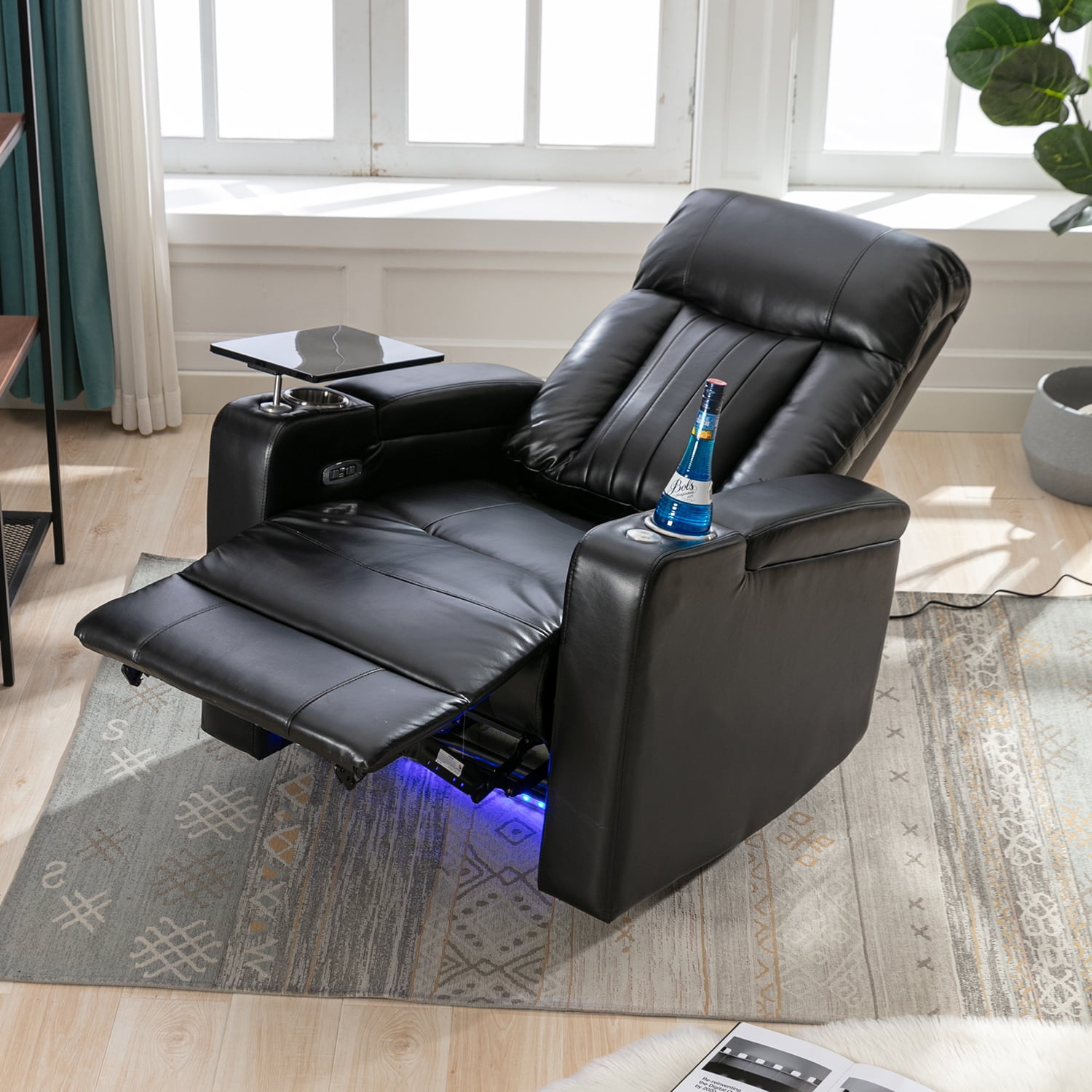 Kadyn Power Motion Recliner, Modern Recliner Chair with USB Charging Port and Hidden Arm Storage, PU Power Motion Recliner with 2 Convenient Cup Holders Design, Black Kadyn Power Motion Recliner, Modern Recliner Chair with USB Charging Port and Hidden Arm Storage, PU Power Motion Recliner with 2 Convenient Cup Holders Design, Black