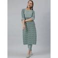 thumbnail image 1 of Jansaya Indian Keyhole Neck 3/4 Sleeve Block Print Green Cotton Straight Kurta with Pant For Women, 1 of 8