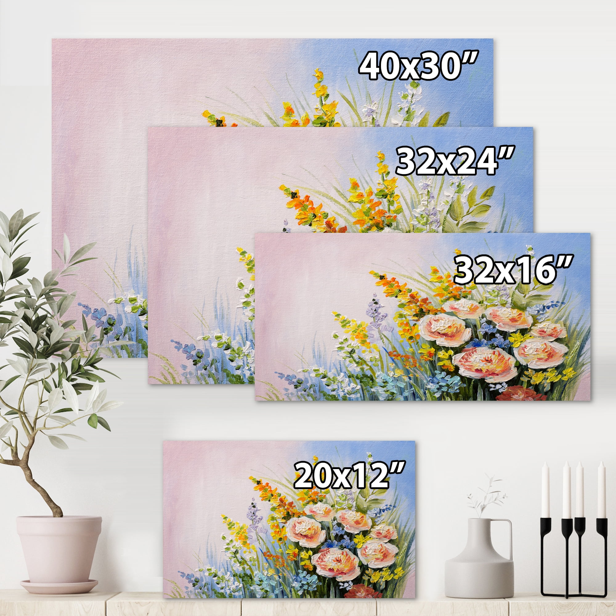 Designart ' Yellow and Pink Summer Wildflowers ' Traditional Canvas Wall Art Print