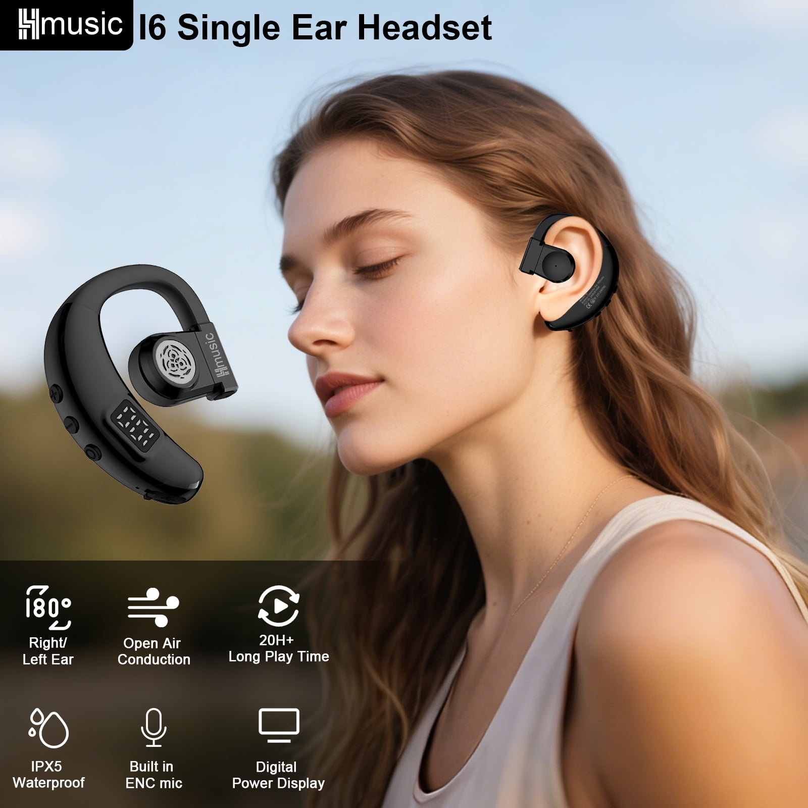 Hmusic 20H Wireless Headset, Bluetooth 5.4 with Noise Cancelling Mic and Pure-HD Sound, Open-Ear Comfort Earpiece for Driving, Work, Transcription