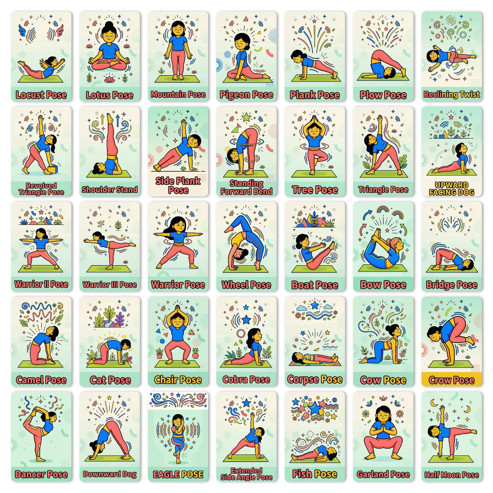 merka Yoga Cards Flashcard Deck, 50 Plastic Cards, 45 Asanas