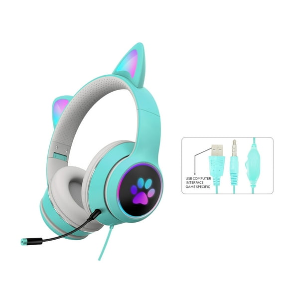 ULTREND RGB Luminous Cat LED Gaming Headset For Mobile Devices/Game Console/PC/Laptop Noise Reduction and Wired Headset with Detachable Microphone. (Light Green)