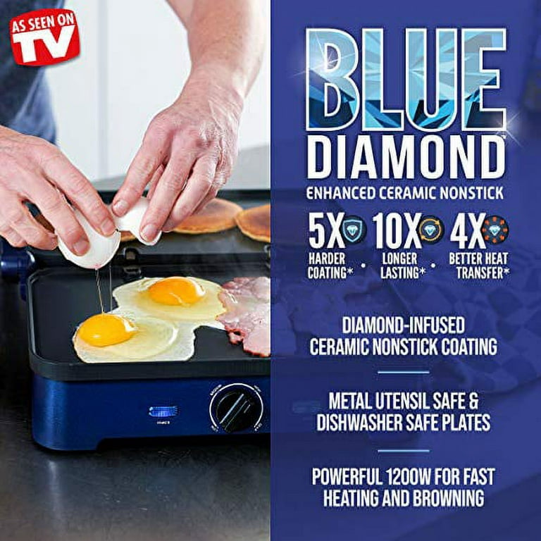 Blue Diamond Ceramic Nonstick, Electric Contact Sizzle Griddle, Open Flat  Design, Dishwasher Safe Removable Plates, Adjustable Temperature Control