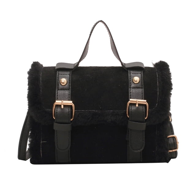 Minnieouse Bolso pequeño cuadrado espacioso y a la moda para mujer, bolso pequeño de felpa de cordero para ocio, otoño e invierno Bolsas de mensajero y de hombro negro