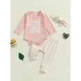 thumbnail image 2 of Suealasg Infant Girl Fall Outfits 3Pcs Baby Girl Clothes SetLetter Print Long Sleeve Romper Long Pants Headband 3 6 12 18 Months Newborn Girls Autumn Clothing, 2 of 7