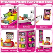Supermarket Playset for Kids with Shopping Cart,76 Pices Pink, Pretend Play Grocery Store for Toddler +3 Year, Mundo Toys
