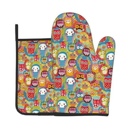 

KLL Boho Cute Owls Pattern Oven Mitts and Pot Holders 2pcs Sets for Kitchen Oven Mitt Heat Resistant 536°F Oven Gloves for Kitchen Cooking and Baking