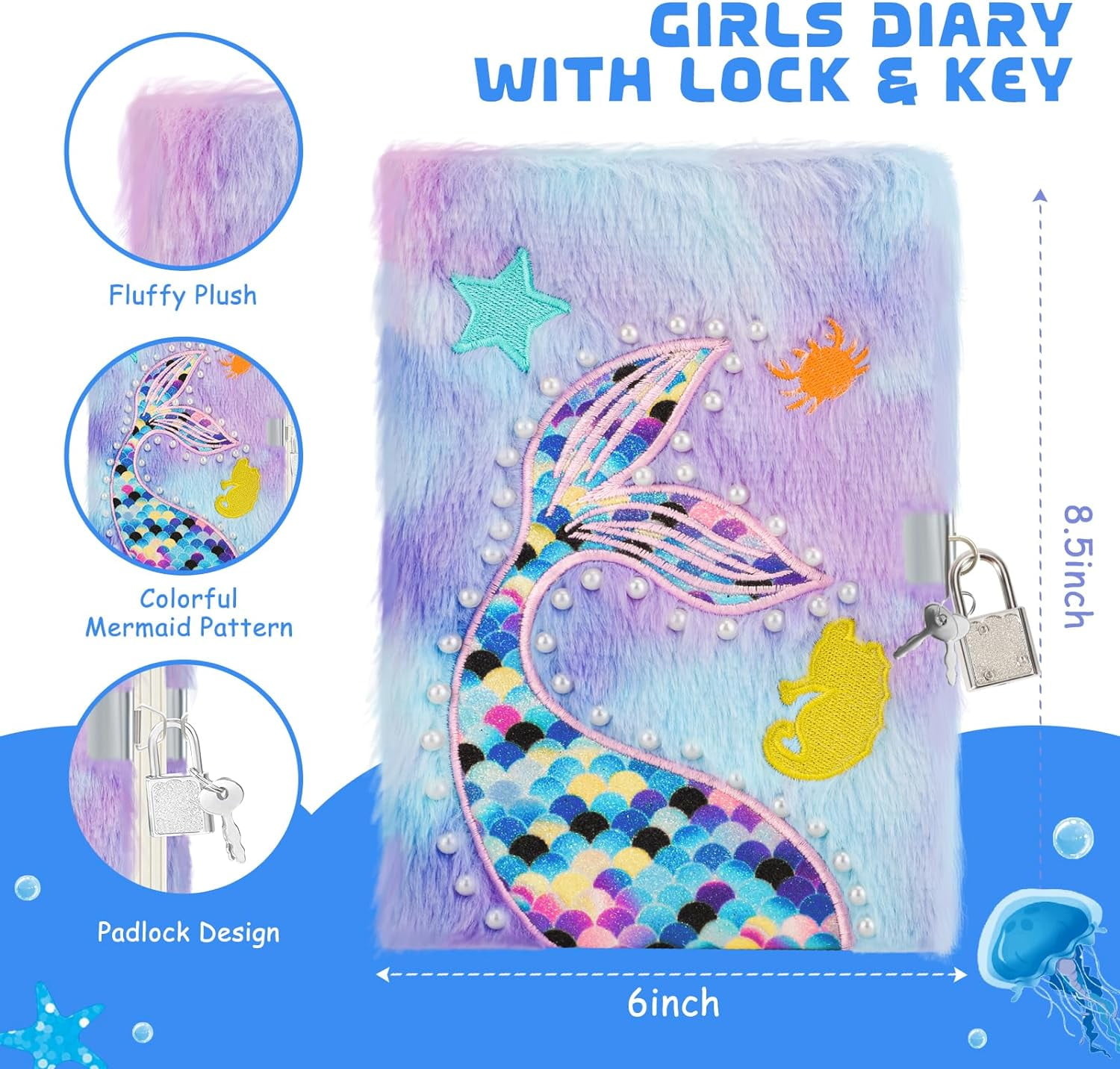JYPS Mermaid Diary with Lock and Keys,Tie-Dye Fuzzy Journal with 160 Lined Pages,Fluffy Secret Notebook for Writing and Drawing,Purple