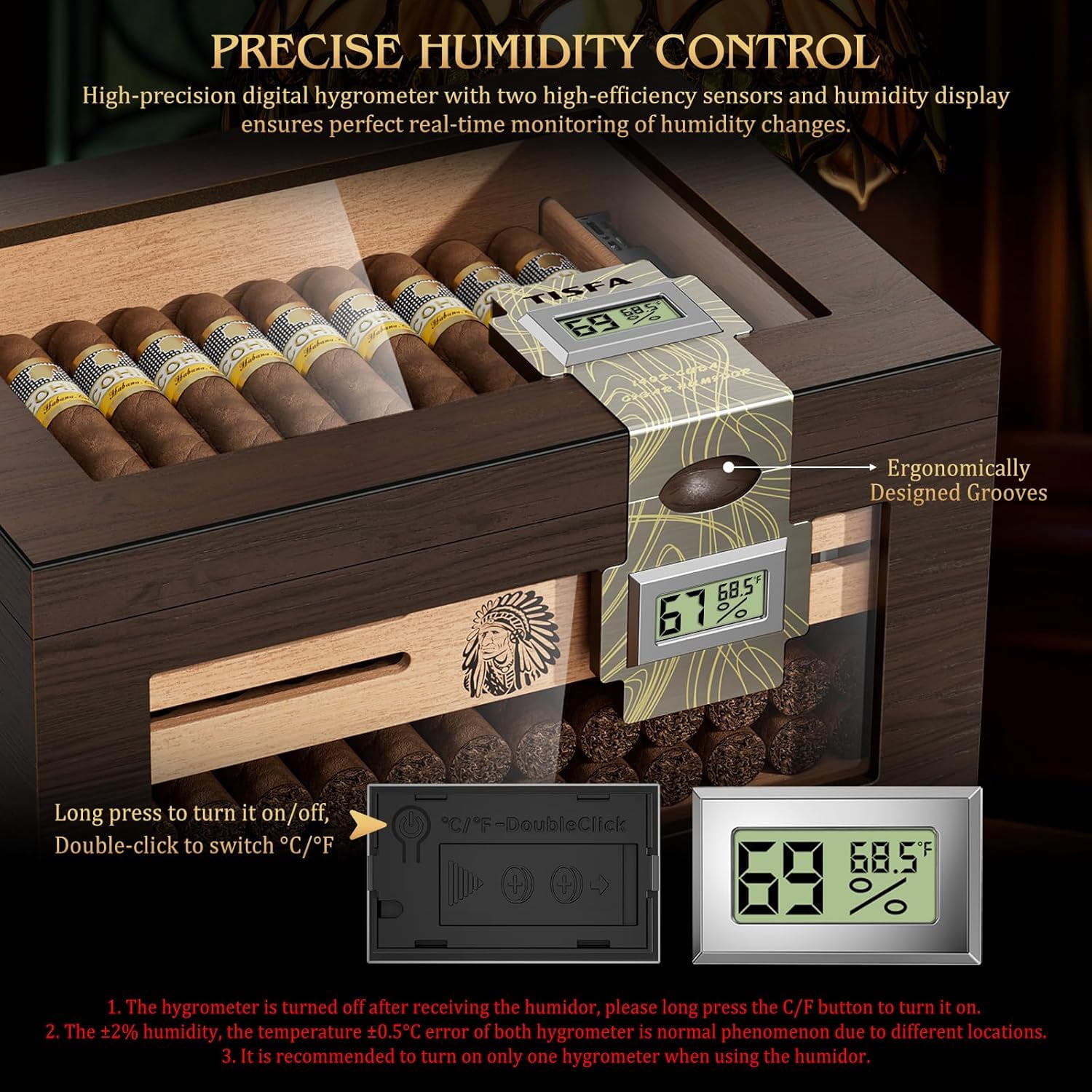 Large Cedar Wood Cigar Humidor Box with Digital Hygrometers and Travel Tubes