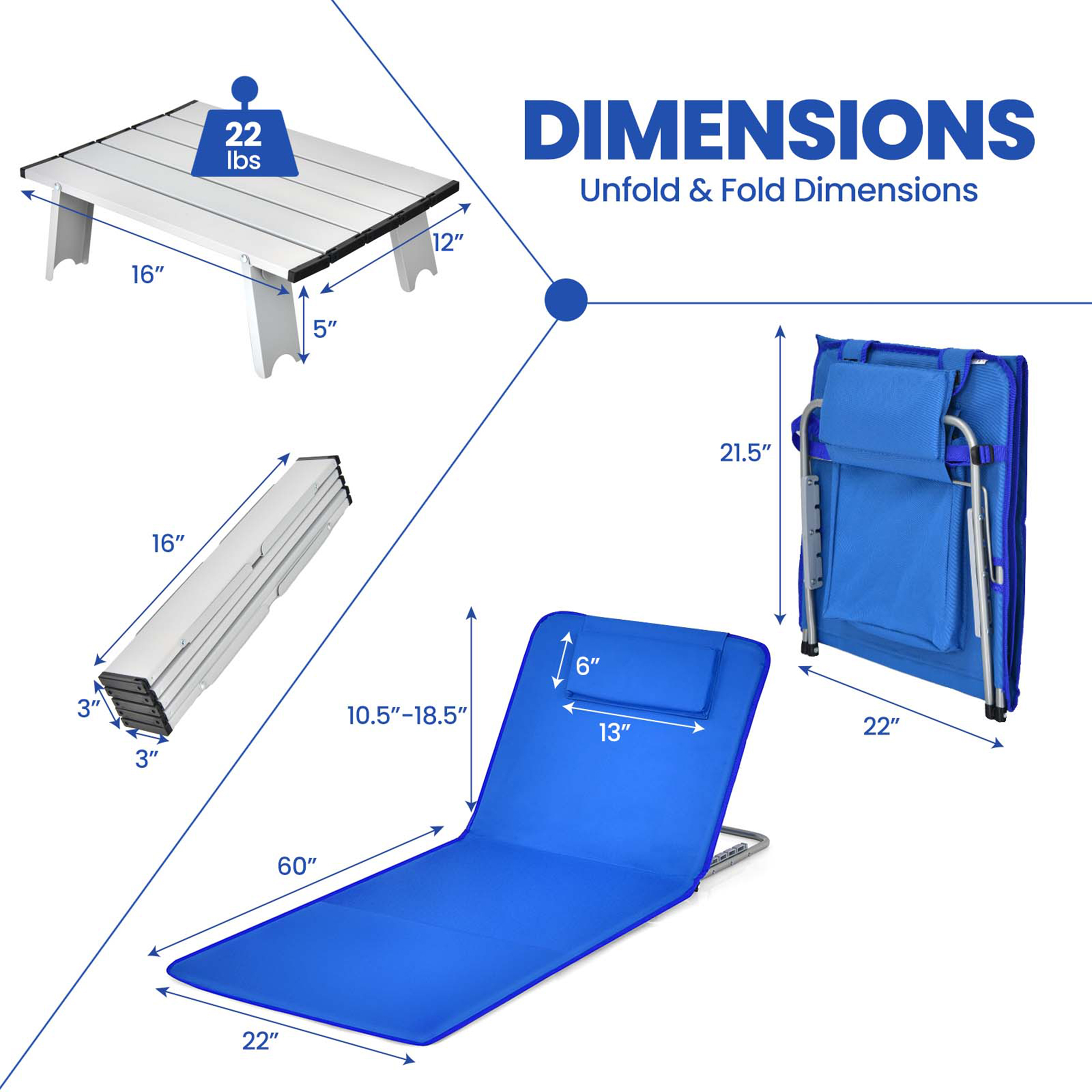 Gymax 3PCS Folding Beach Mat Set Adjustable Beach Lounge Chair & Side Table Set Blue - image 2 of 10