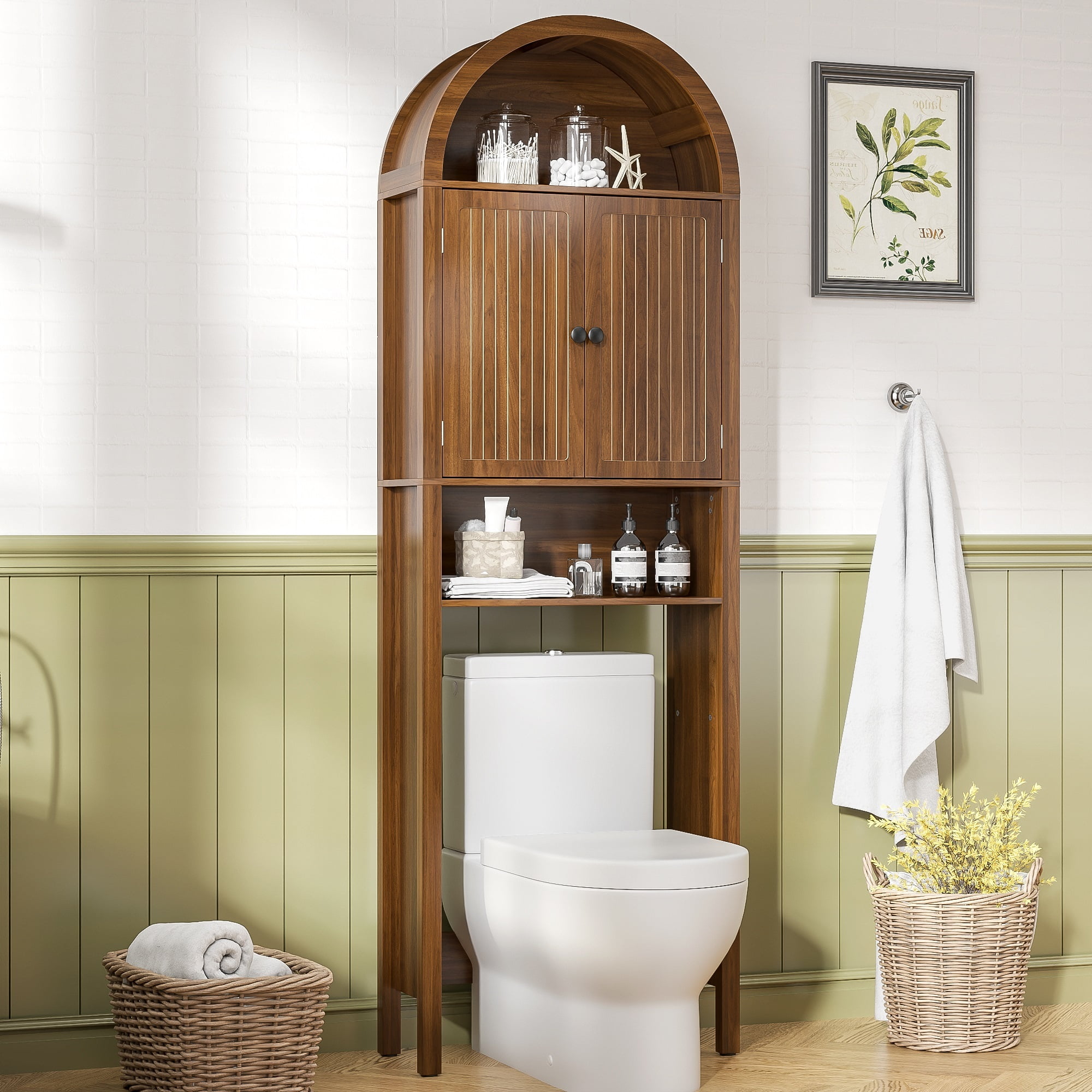 Over The Toilet Storage Cabinet, Arched Cabinet Shelf Organizer with Adjustable Shelves and Fluted Doors, Walnut