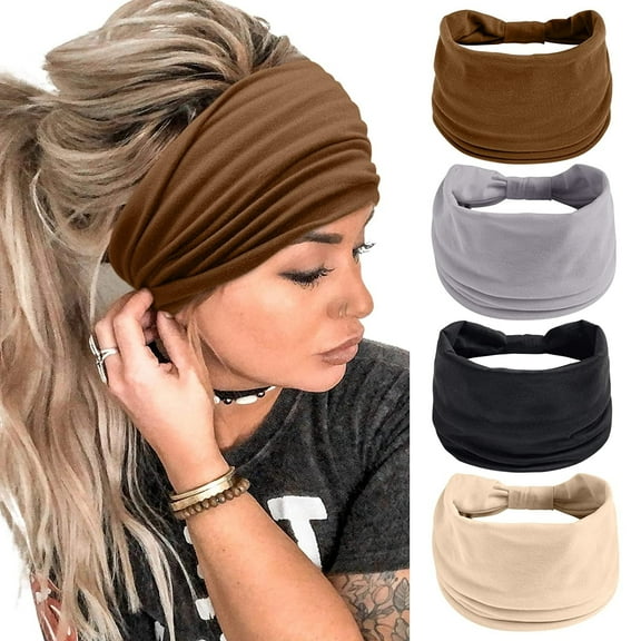 TIFOR 2 Pack Wide Headbands for Women Boho African Knotted Non Slip Fashion Hair Bands Yoga Running Sports Workout Gym Head Wraps Elastic Soft Cotton Cloth Turbans Bandana for Girls(Light Grey, Skin)