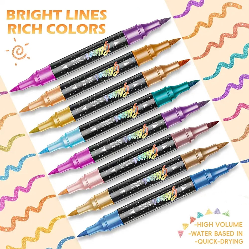 Glitter Brush Markers, Dual Tip Brush Glitter Marker for Doodle Writing, Glitter Art Crafts Adults DIY Crafts Greeting Birthday Cards Making