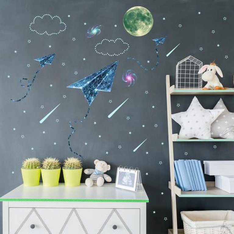 Glow In The Dark Wolf Wall Decal With Stars & Moon - Removable Galaxy Nursery Wall Stickers