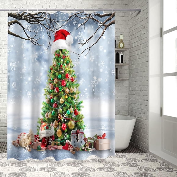 Rideau de Douche en Tissu Arbre de Noël pour Salle de Bain, Flocons de Neige Bonhomme de Neige Ensemble de Rideaux de Douche Personnalisés avec Crochets, Accessoires de Salle de Bain Thème Xmas Luxe Rideaux Imperméables Polyester, 72x84 Pouces