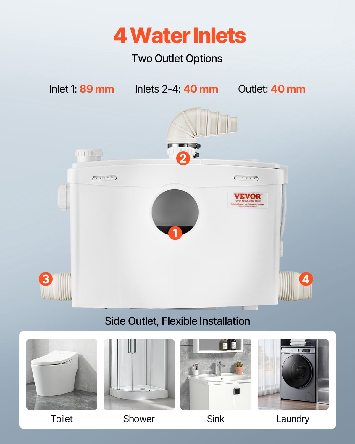 VEVOR Macerator Pump, 1200W, 48 GPM Flow, 33 ft/10 m Head, Macerator Sewerage Toilet Pump with 4 Water Inlets,Waste Water Disposal Upflush Machine for Toilet, Basement, Shower, Sink, Laundry,Bathtub