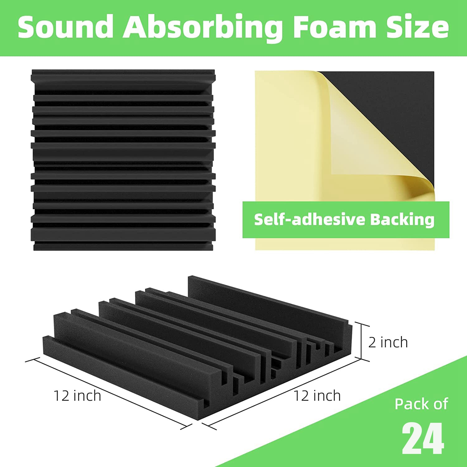 24 Pack Self-Adhesive Sound Proof Foam Panels,12 X 12 X 2 Inches Acoustic Foam,High Resilience Sound Proofing Padding