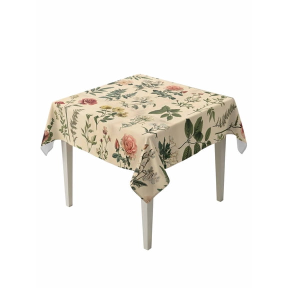 Vintage Botanical Table Cloth, Boho Plants Wildflower Mushroom Leaf Waterproof Tablecloth for Square Tables, Reusable Washable Fabric Table Cover for Restaurant Kitchen Dining Tables 54"x54"
