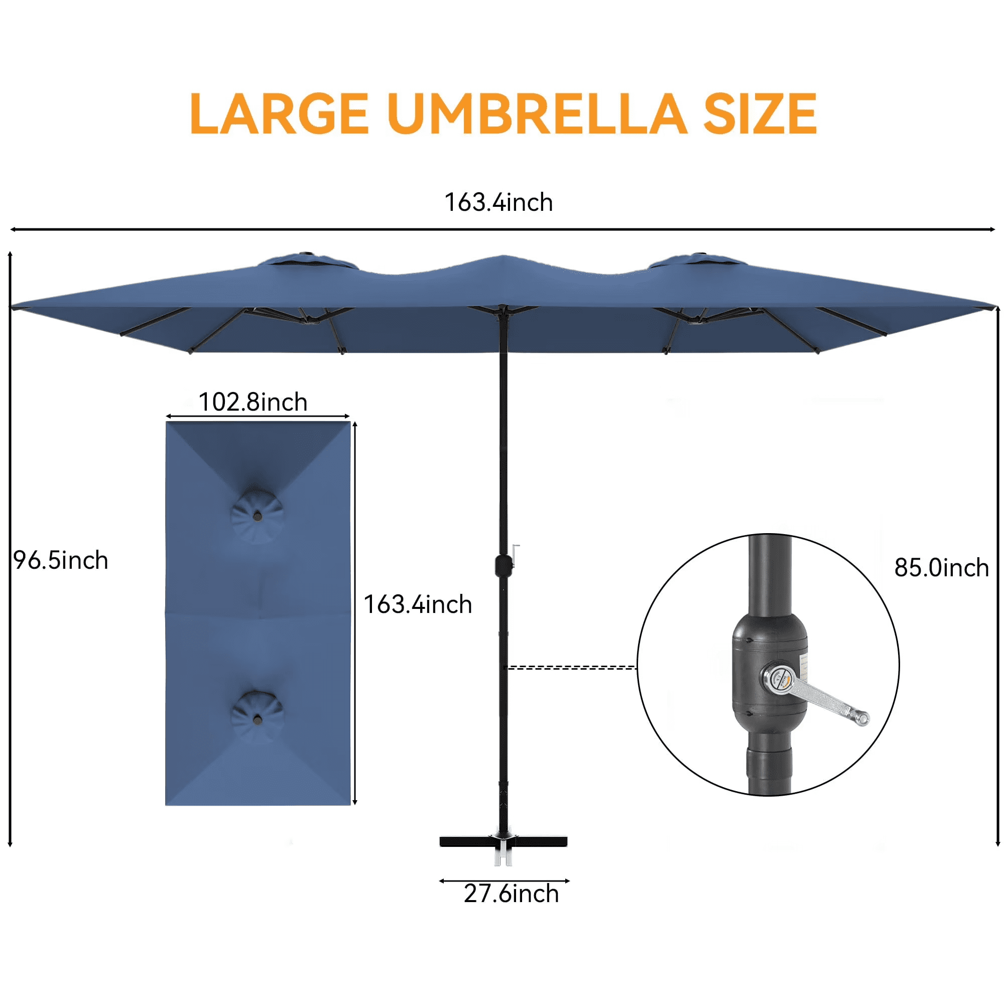 ALAULM 8 Piece Patio Dining Set w/14FT Umbrella, Metal Outdoor Furniture Set w/Rectangular table, 6 Fixed Chairs and Removable Cushions for Patio, Backyard, Garden, Poolside（Navy Blue）