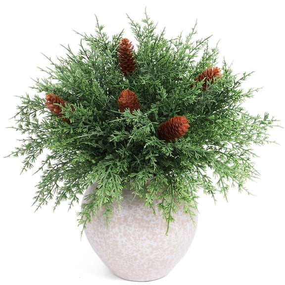 HKKDKTA 12 Pcs Artificial Cedar Norfolk Pine Stems with 5 Pine Cones,Faux Pine Picks for Xmas Indoor Table Decor