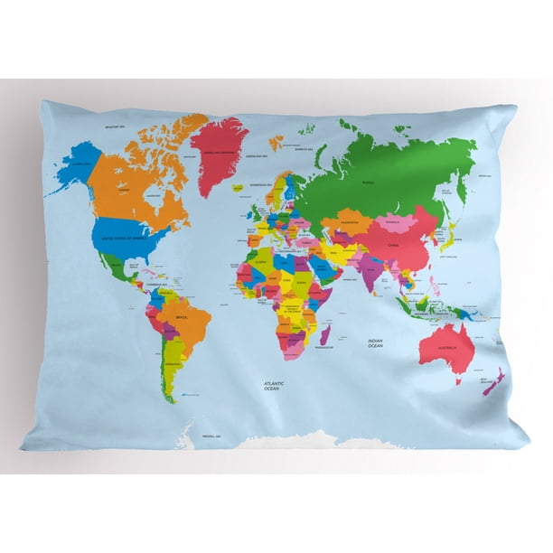Map Pillow Sham Classical Colorful Map Of World In Political Style Travel Europe America Asia Africa Decorative Standard King Size Printed Pillowcase 36 X Inches Multicolor By Ambesonne Walmart Com Walmart Com