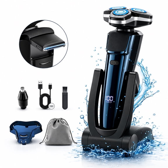 NICEBAY Electric Razor for Men, Wet/Dry Electric Shaver with Nose Trimmer, LED Display, Travel Lock, Type-C Charging Stand, IPX7 Waterproof