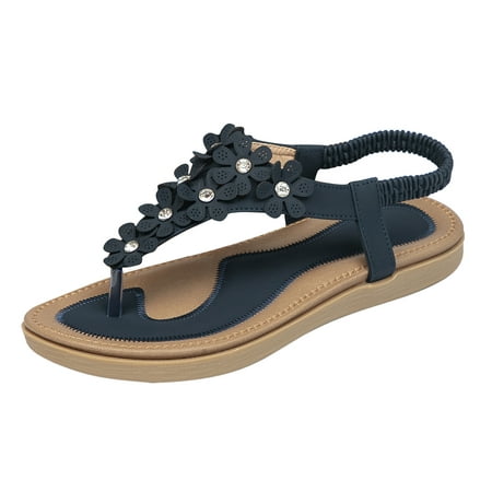 

zuwimk Beach Sandals For Women Women s Rhinestone Sandals Platform T-Strap Sandals High Wedge Flip Flops Dark Blue