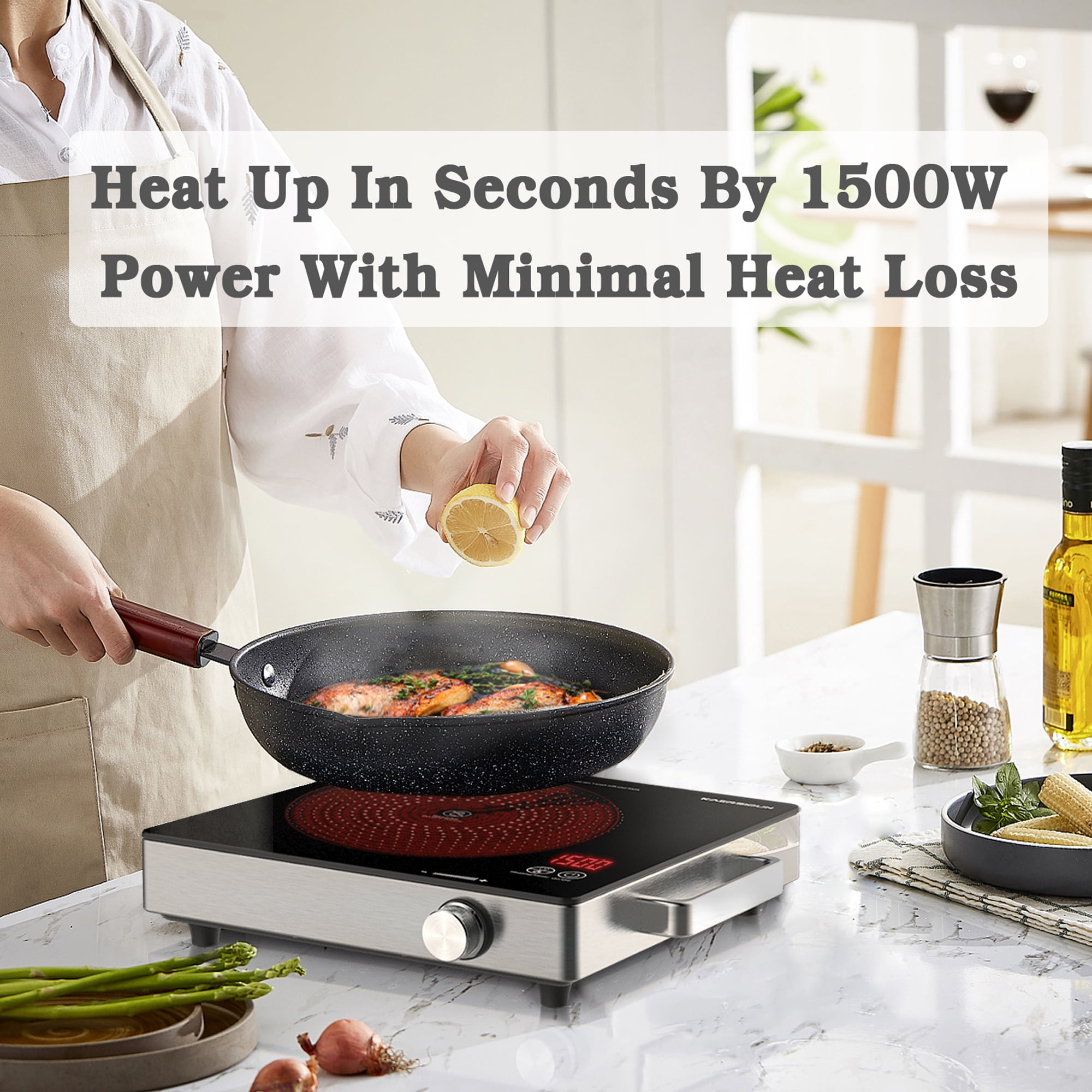 Hot Plate Electric Single Burner 1500W Portable Burner for Cooking with Adjustable Temperature & Stay Cool Handles, Non-Slip Rubber Feet, Stainless Steel Easy to Clean, Compatible for All Cookwares