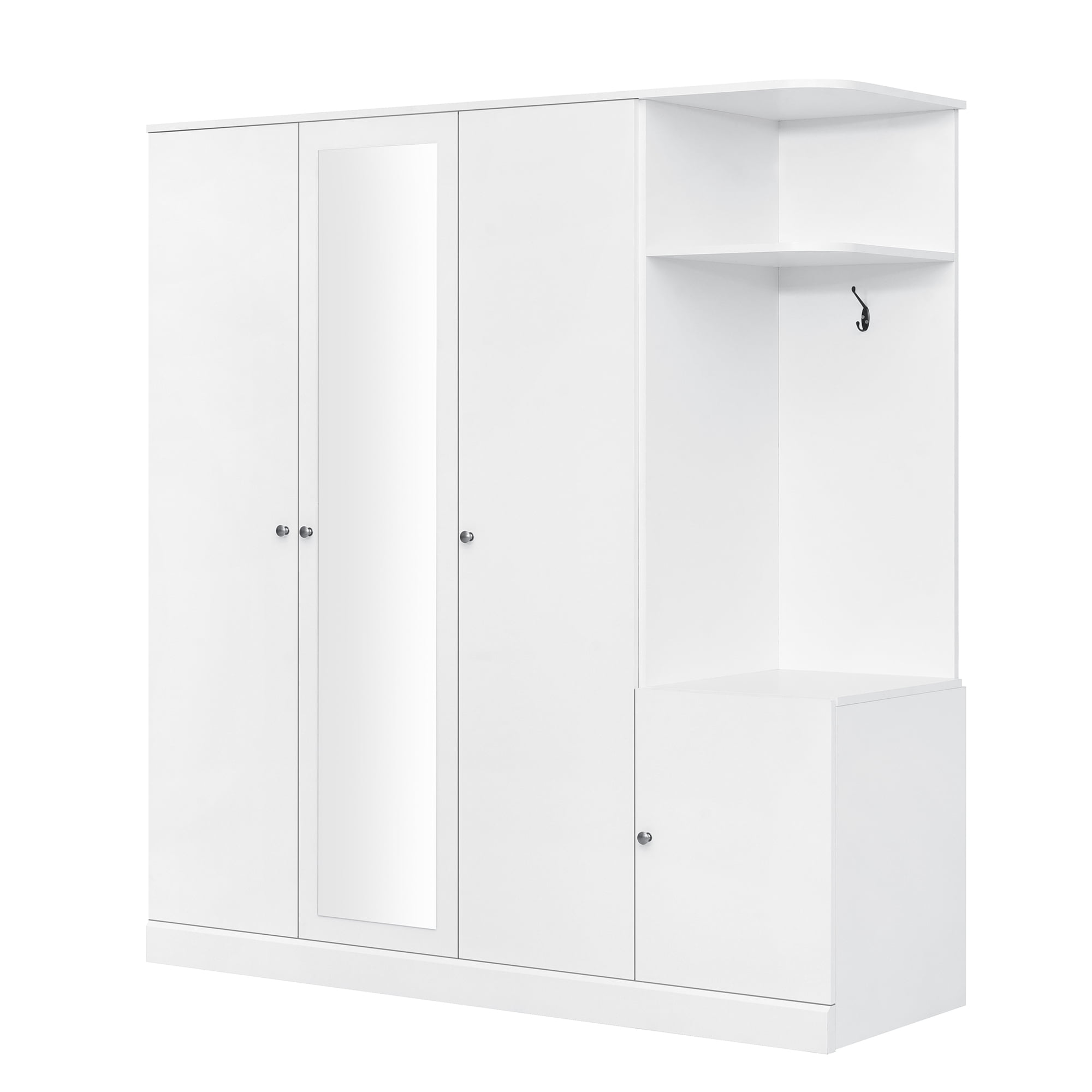 Euroco 4 Door Wardrobe with Drawers and Shelves, Wood Armoire with Mirror and Shelves, White