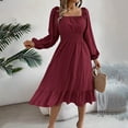 thumbnail image 7 of Efsteb 2025 Dresses for Women Trendy Fall Long Lantern Sleeve Square Neck Elastic Waist Ruffle Swing Dresses (Wine,M), 7 of 7
