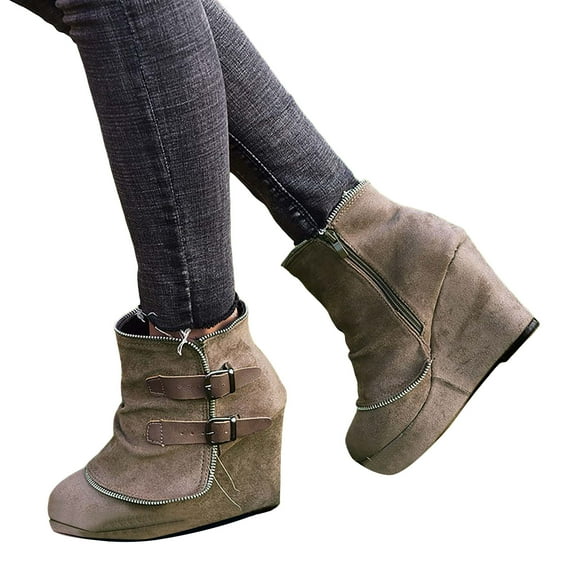 Women's Wedge Platform Suede Ankle Boots Fashion Buckle Wide Calf Dress Short Booties Non Slip Casual Shoes