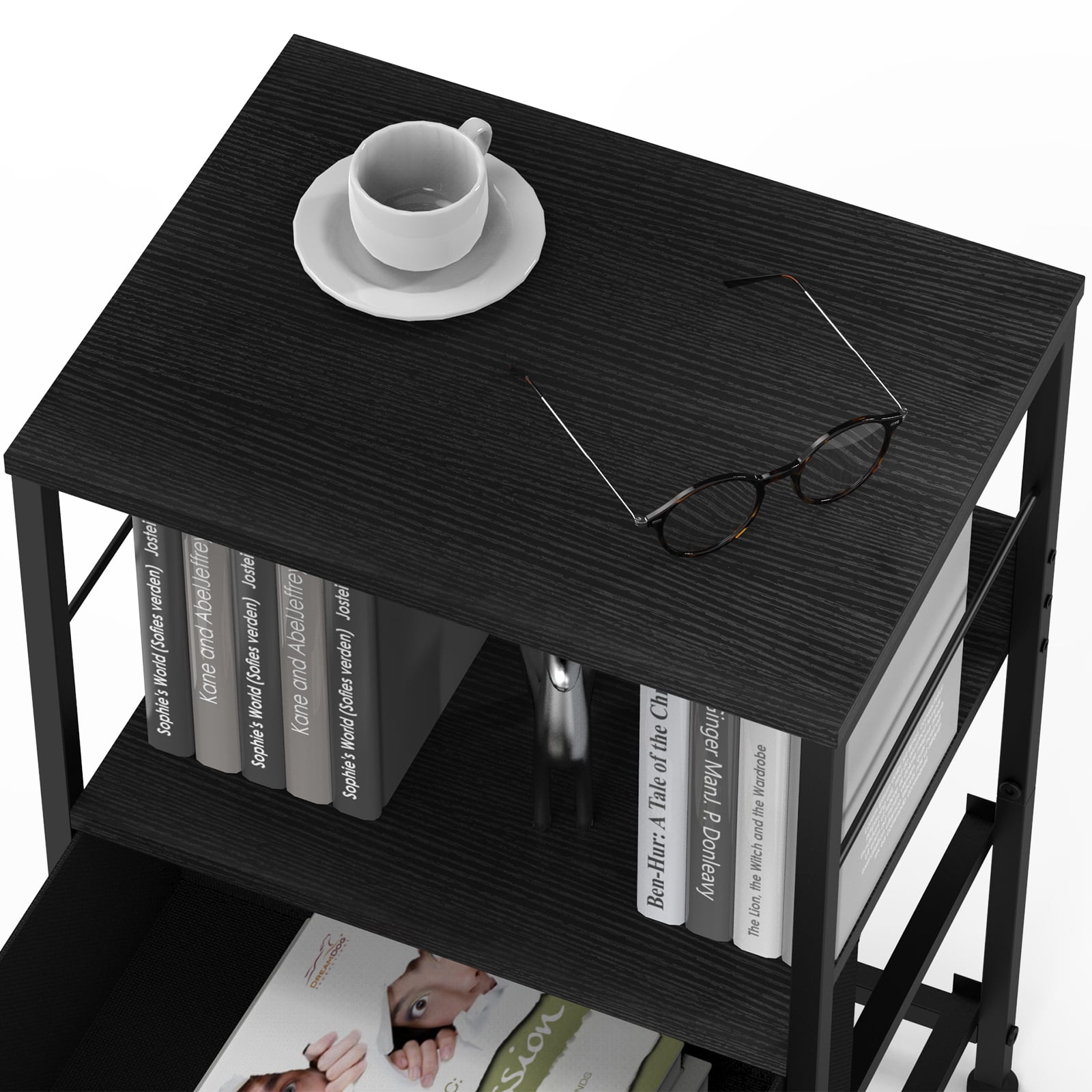 Oumilen Adult Nightstand for Bedroom End Side Table with 2 Drawers and Open Shelf Wood, Black Set of 2