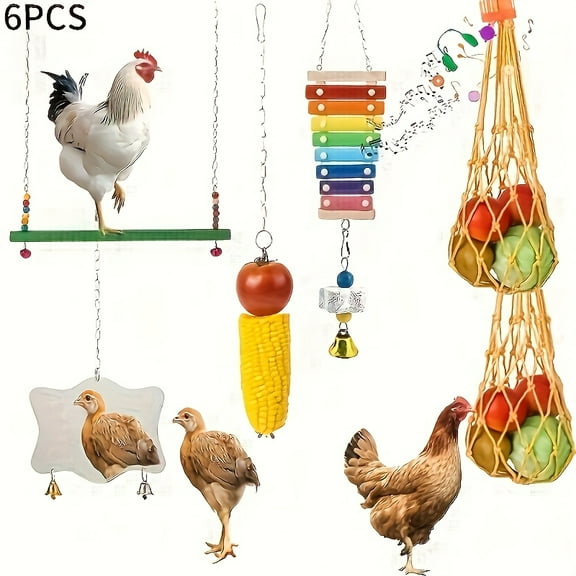 6 Random Color Chicken Toys, Hen Wooden Drum Toy and Hanging Vegetable Feeder, Chicken Coop Accessories