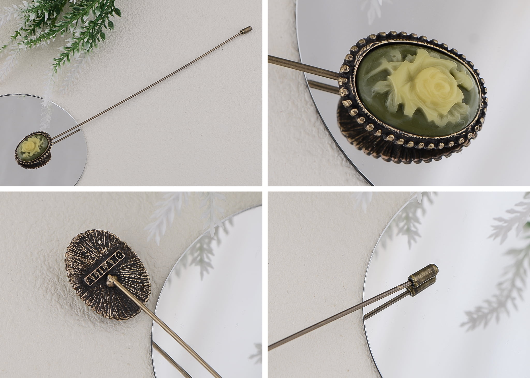 Antique Golden Tone Vintage Green Cameo Floral Rose Hat Pin Long Handle Stick Lapel Pins Pack Of 1, Cameo